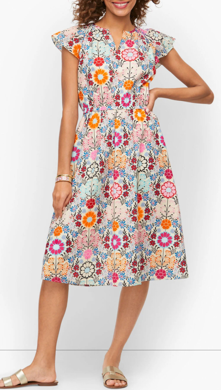 Talbots flutter sleeve cotton floral midi dress Size 10 Boho Garden Feminine